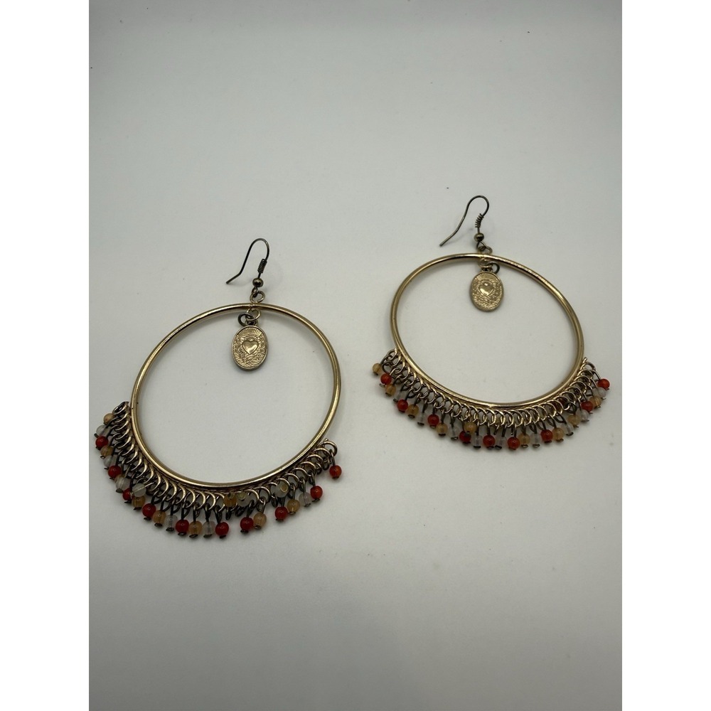 Large Gold Tone Earrings Pierced Hoop Dangle Beaded Fringe Heart Charm